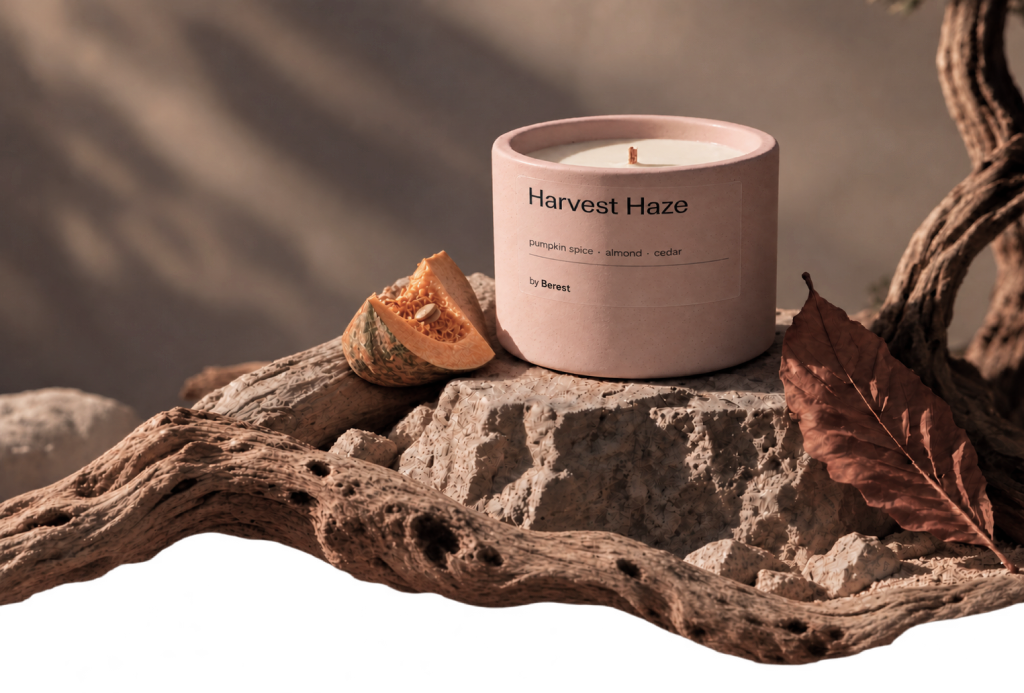 Harvest Haze candle on limestone, surrounded by autumn leaves, pumpkin and driftwood