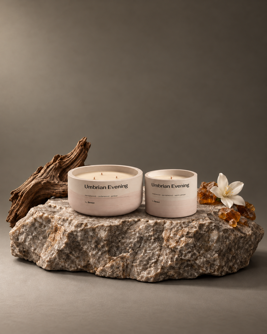 Umbrian Evening candles with wood and white blossoms